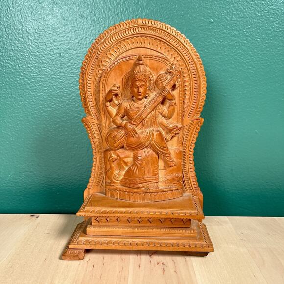 Vintage Hand Carved Wood Hindu Goddess Saraswati Figure Statue 7.5” See Note - Picture 1 of 7